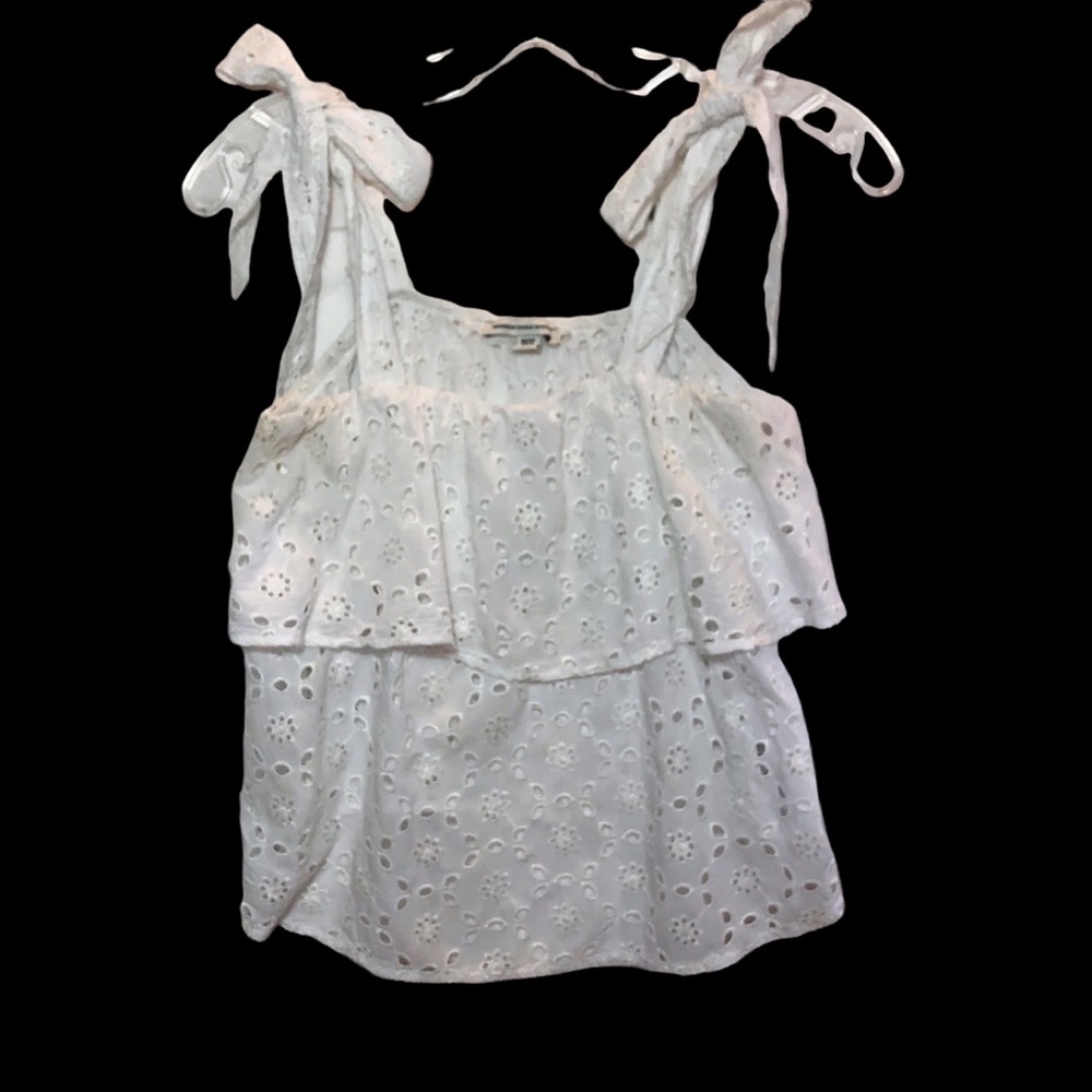 American Eagle Outfitters white eyelet tie shoulder tiered top size extra small